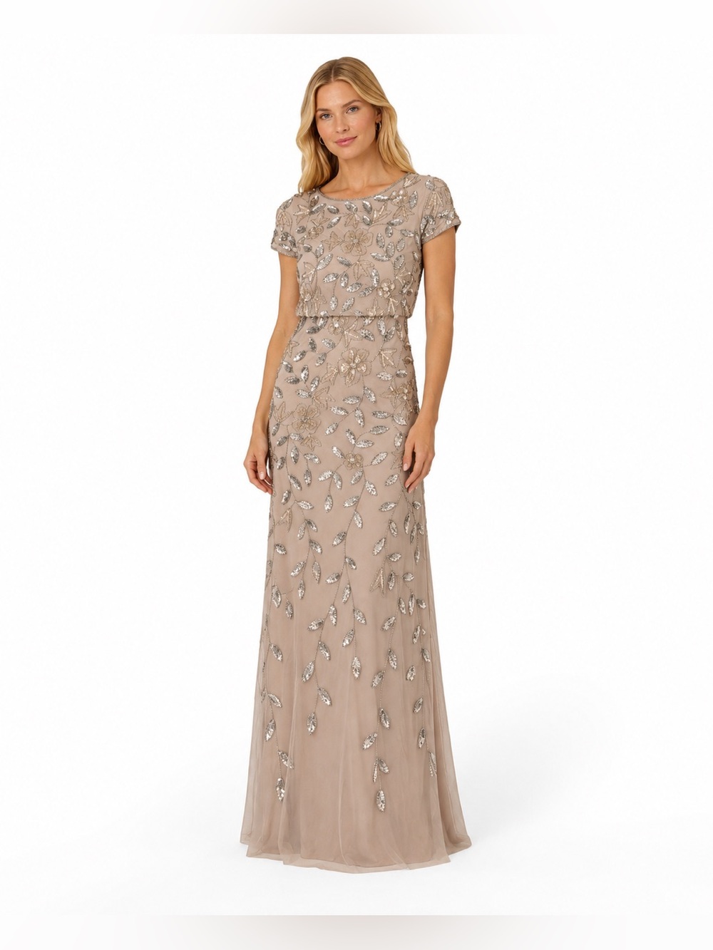 Adrianna Papell SZ 8 NWT Taupe Silver Beaded Floral Blouson Gown Formal GALA MOB